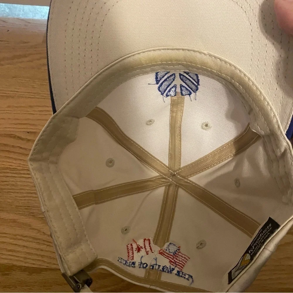Vintage K Products New Holland Strapback Hat Tan Blue Flag Made in USA